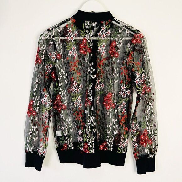 CLEARANCE - Adiva Black Mesh Full Zip Bomber Jacket with Floral Embroidery - Picture 2 of 5